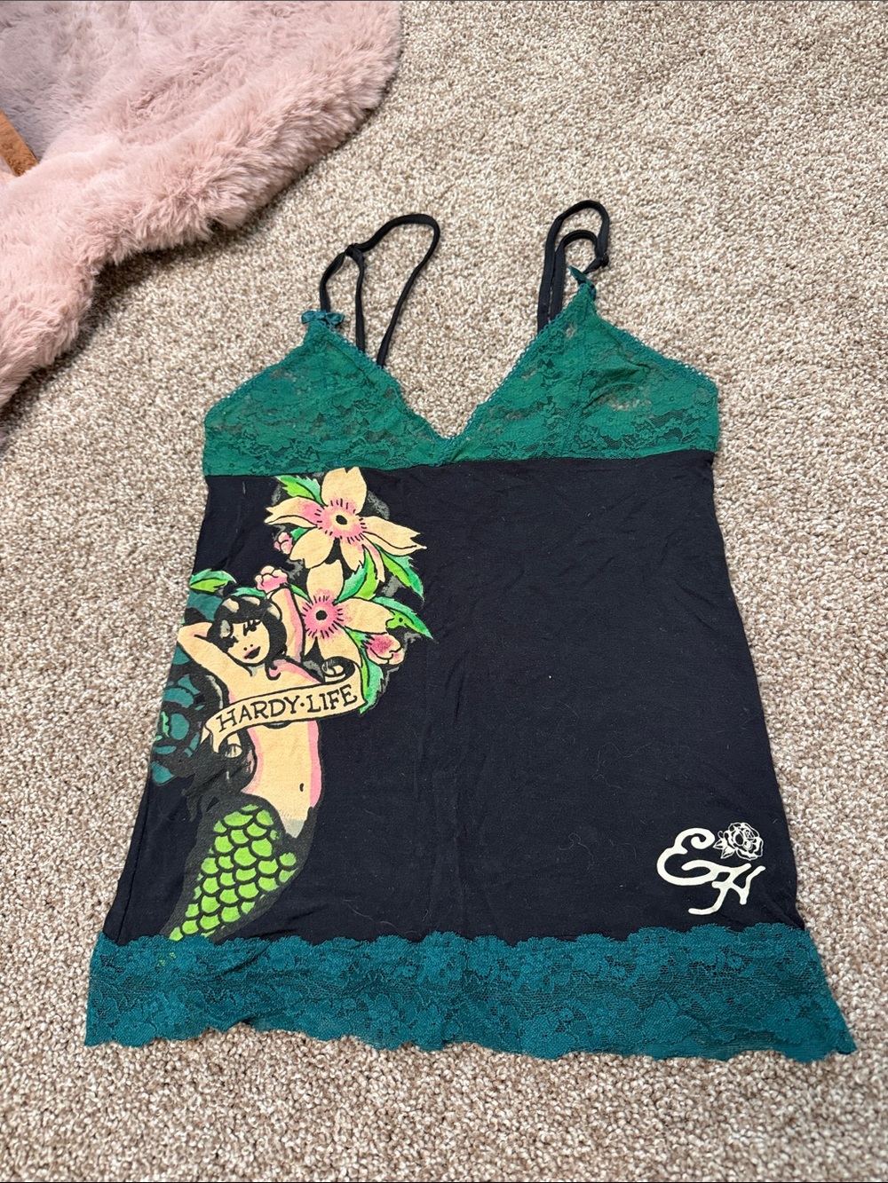 Ed Hardy Black Tank Top with Green Lace & Mermaid Graphic